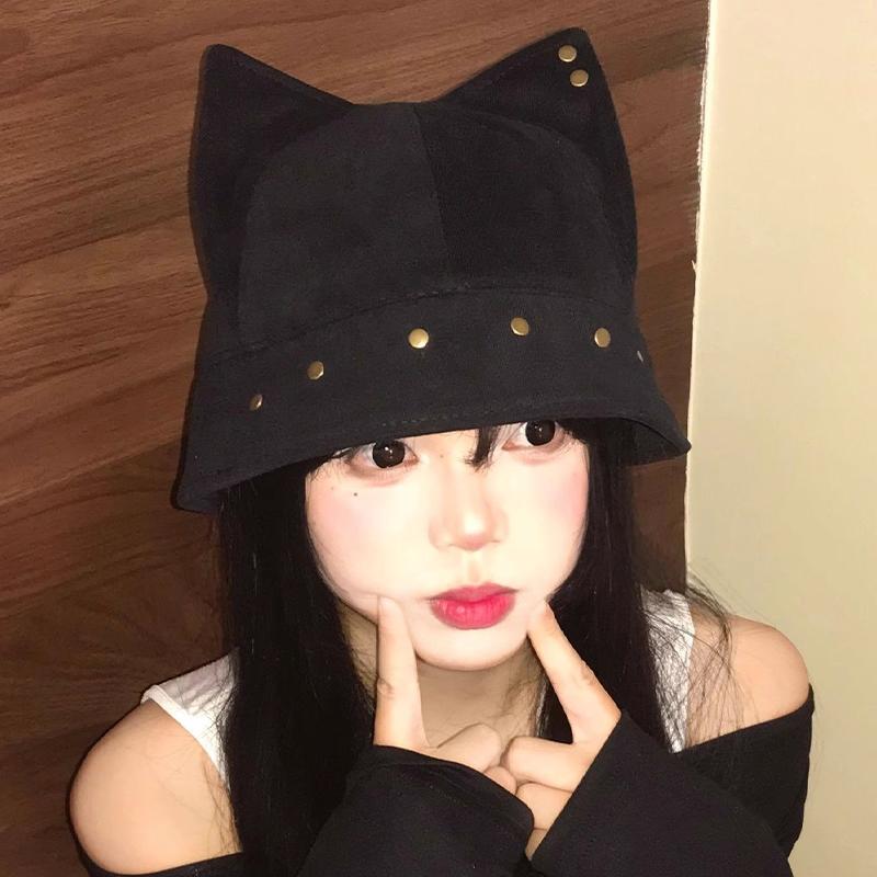 Niedlicher Lustiger Katzenohren Fischerhut Vintage Nieten Vielseitiger Lässiger Fischerhut