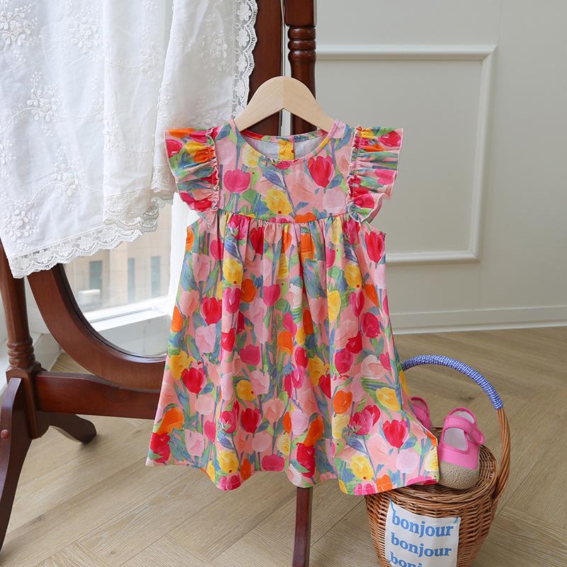 Tulip Sweet Round Neck Girls' Summer Dress with Small Flutter Sleeves, Cotton Princess Style - Stylish Children's Clothing for 2026.