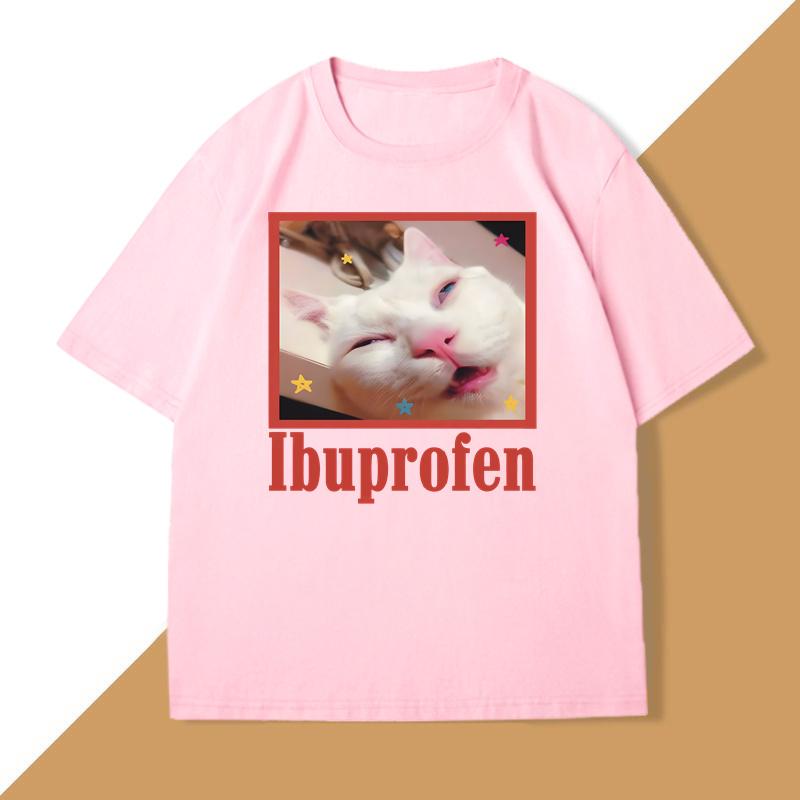 

Funny Ibuprofen Cat T-shirt for Men Graphic T Shirts Cute Cat Lover Cotton T Shirt Round Neck T Shirts Short Sleeves Tees S розовый