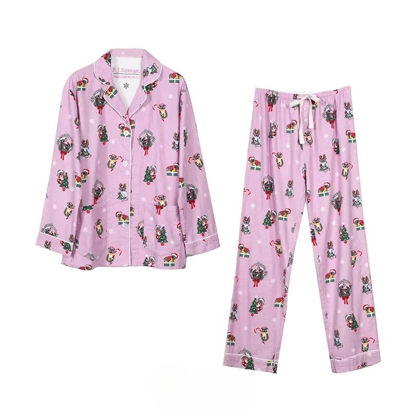 Women's Cotton Pyjama Suit Long Sleeve Single Breasted Ladies Sleepwear 2 Pcs with Pants Comfortable Pockets Pijamas Feminino