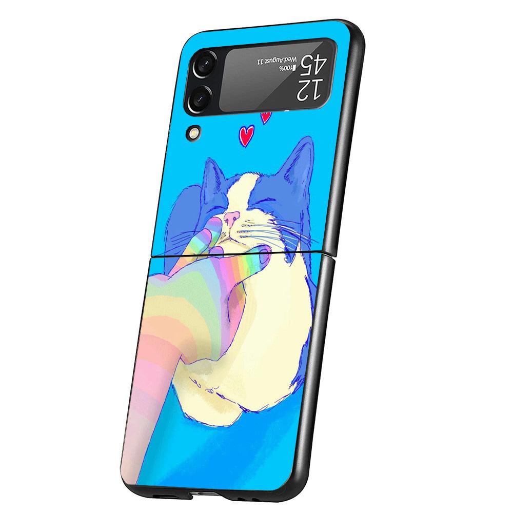 Cat Cute Kitten Cartoon Case Phone Cover for Samsung Galaxy Z Flip 7 6 5 4 3 5G ZFlip7 ZFlip6 ZFlip5 ZFlip4 ZFlip3 Black Fundas