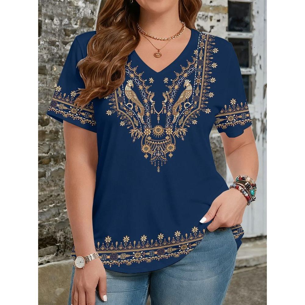 Ethnic Style T-Shirts Vintage Floral 3D Print Women's V-Neck Short Sleeve T Shirt Y2k Harajuku Tees Casual Tops Female Clothing