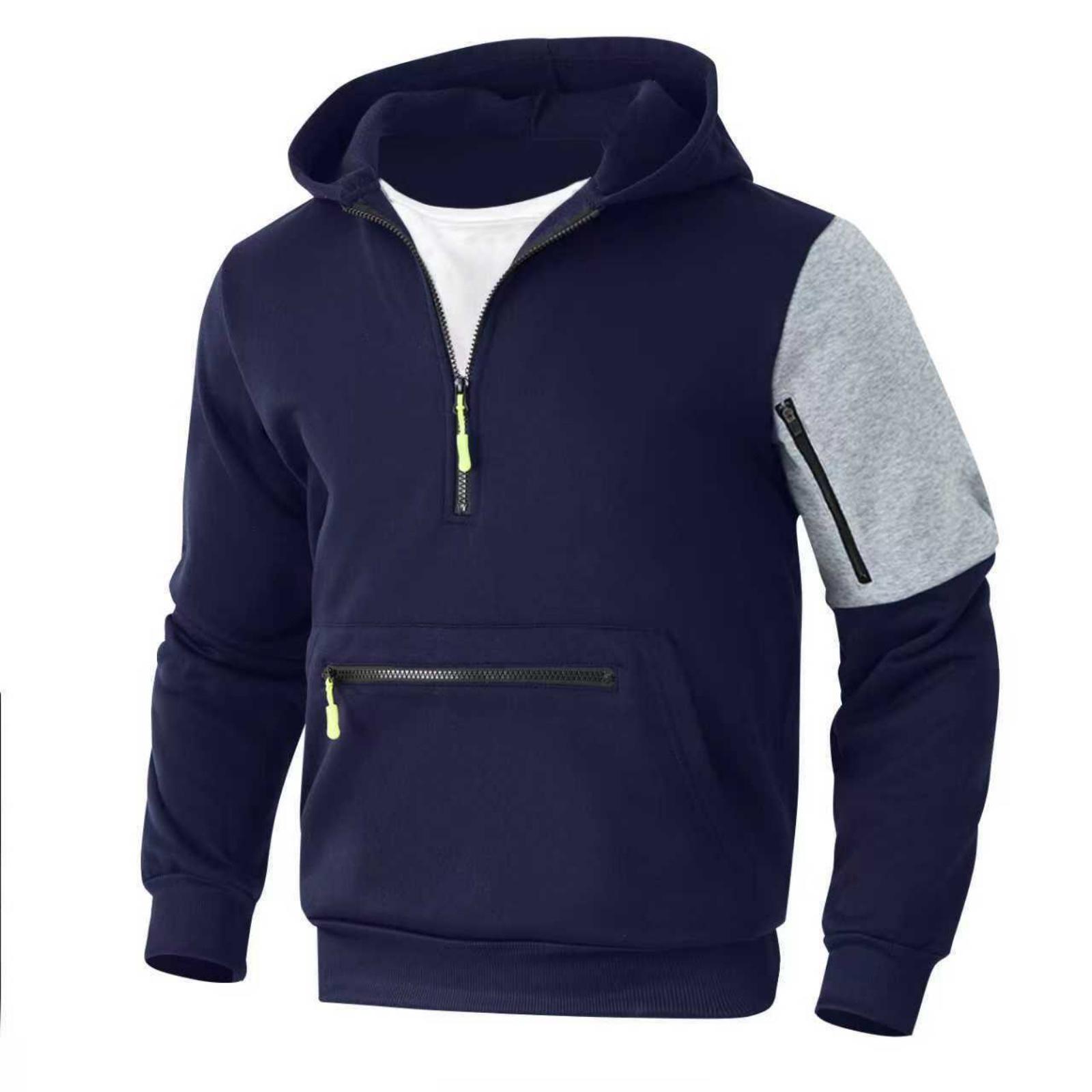 Men s Casual And Fashionable American Color-blocked Hooded Long-sleeved Half-pull One-piece Thickened Sweatshirt XL тёмно-синий 2090₽