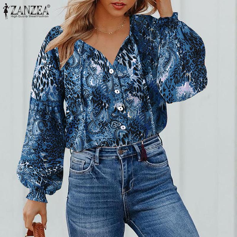 

ZANZEA Ретро Принт Повседневная V-образный вырез Блузка с длинным рукавом