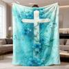 Christian Cross & Blue Floral Flannel Blanket, Ultra-Soft for Couch, Travel, Camping, Spiritual Decor