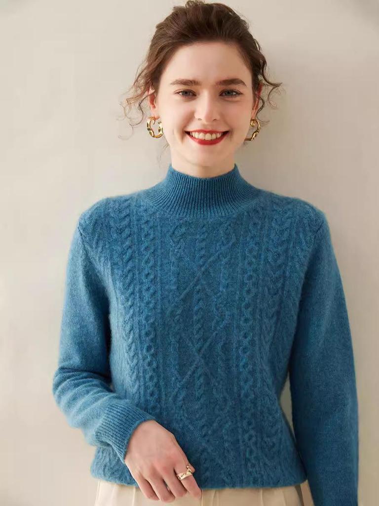 Women's Diamond Cashmere Sweater: Half-High Neck, Thick & Warm, Loose Fit for Autumn/Winter, Gentle Style Knitwear