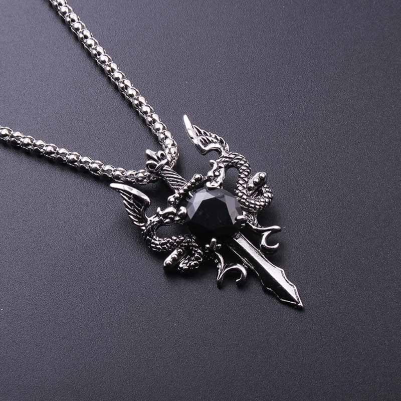 Vintage Dragon Amulet Necklace Double Dragon Sword Crucifix Crystal Pendant Punk Animal Dragon Jewelry Gift for Men Boys
