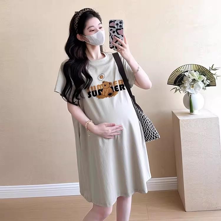 

Maternity Summer Mid-Length T-Shirt Dress - Milk Tea Color, Short Sleeve, Casual, Bump-Friendly Print L (110-130 lbs)