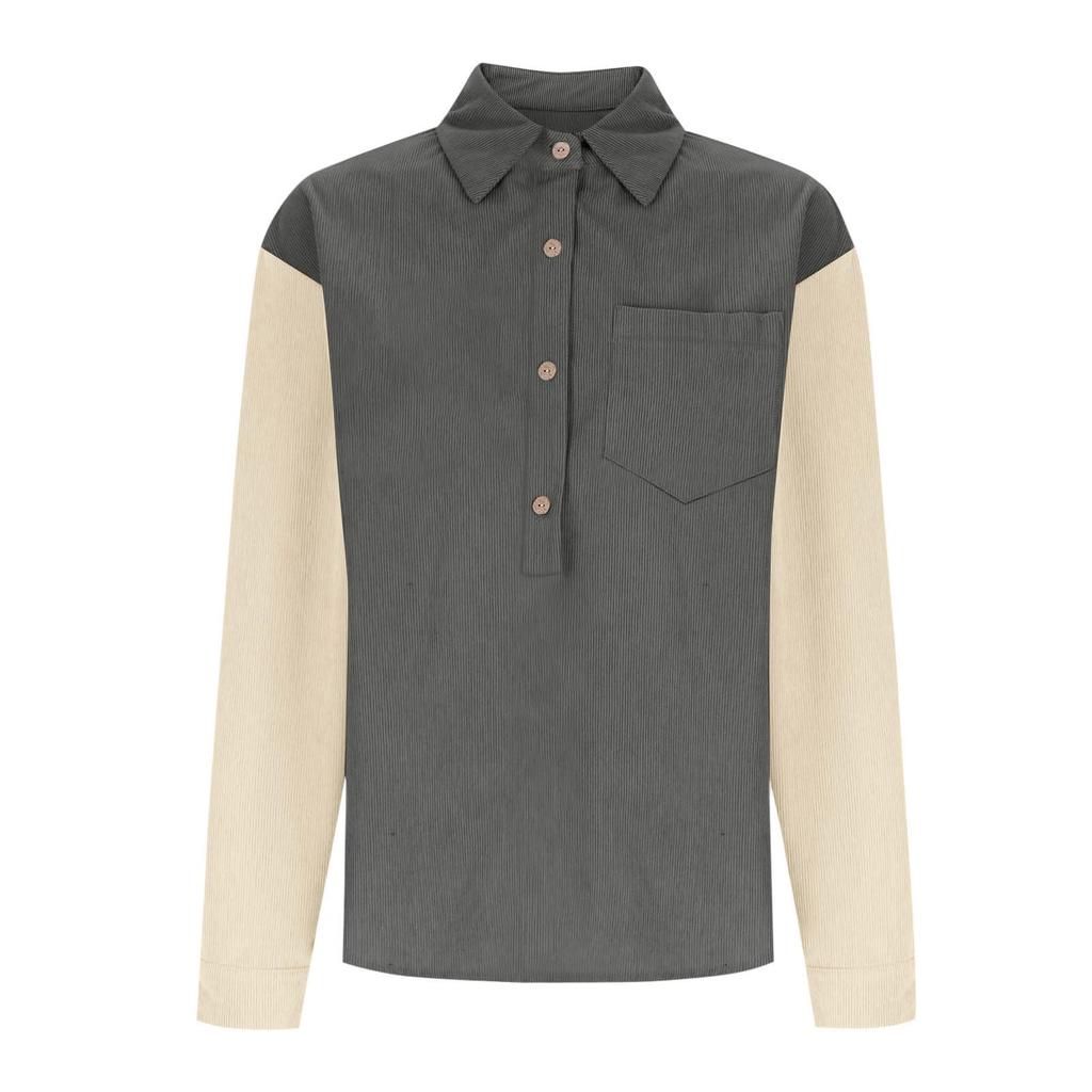 Womens  Corduroy Shirts Casual Loose Long Sleeve Collared Blouses Pocket Tops