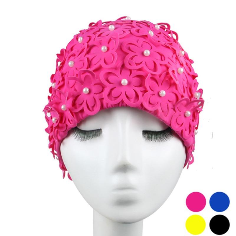 Badekappe Damen Perle Dreidimensionale Blütenblatt Mode Erhöhtes Spa Schwimmen Damen Badekappe Atmungsaktiv Nicht Würgend Kopf Lange Haare Badekappe