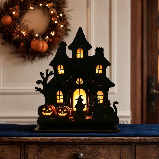DYS Witch Wooden Table Centerpiece, Spooky Castle Black Cat Standing Tabletop Ornament for Halloween Party, Desk Tiered Tray Decor