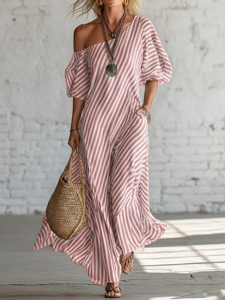 New Arrival Women's Spring Elegant Striped Off-Shoulder Dress