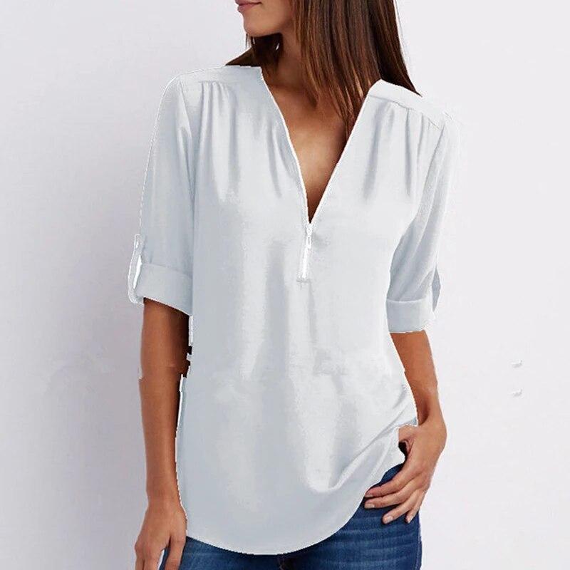 2023 mode V-ausschnitt Zipper Bluse Frauen Langarm Tops Sexy Hemd Beiläufige Lose Chiffon Hemd Feste Kleidung 25811