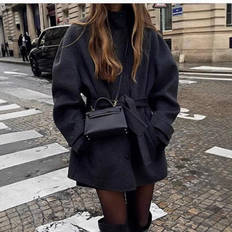 Womens Wool Blend Coat Winter Solid Color Half Turtleneck Belted Outerwear Street Style Regular Fit