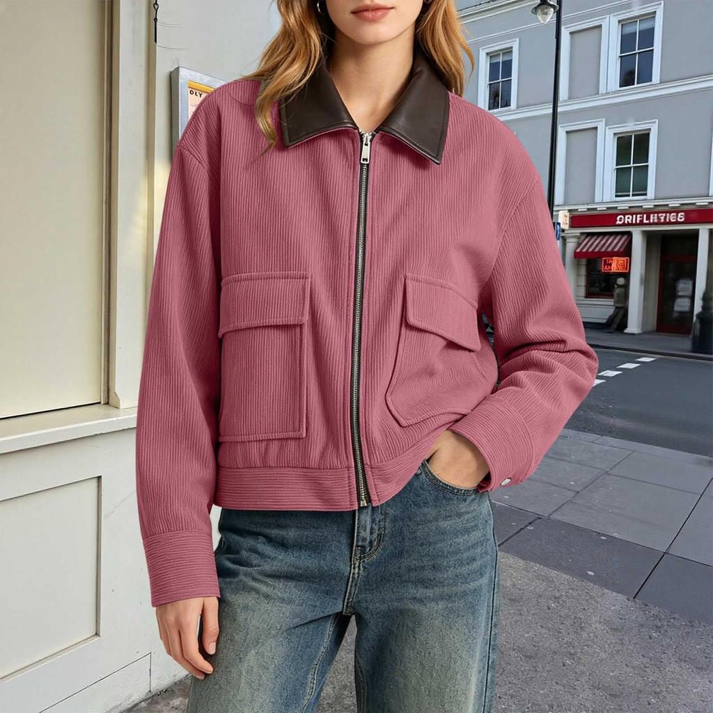 Women Corduroy Jacket with Faux Leather Collar Full Zip Front Long Sleeve Casual Outerwear with Front Flap Pockets