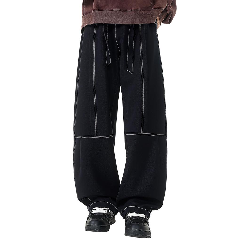 FJSSLHXK Men's Wide Denim Jeans, Oversized Jeans, Gaucho Pants with Adjustable Drawstring, Unisex, Fall, Winter, Spring, Black, FJJYFM8003-BLACK-5XL