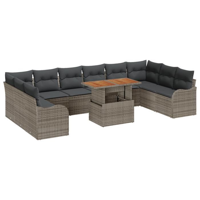 Ensemble de Canapé de Jardin 11 pièces avec Coussins Gris Rattan Poly Acacia 3349509