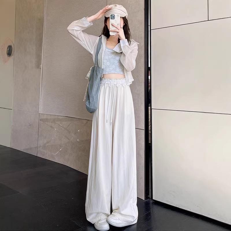 High-Waisted Sweet Lace Patchwork Wide-Leg Pants for Women - Loose-Fit Drawstring Trousers for Spring & Autumn