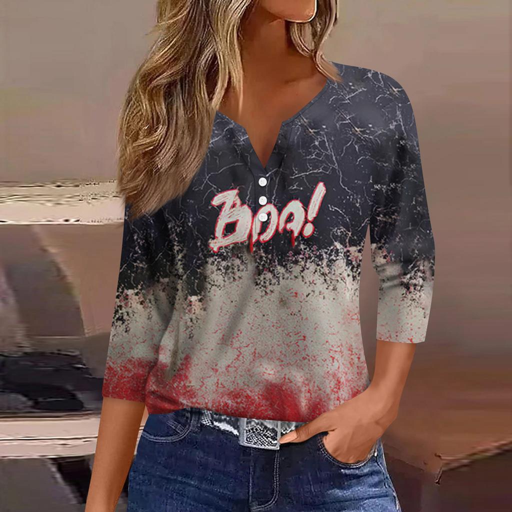 Women's Fashion Button-Up V-Neck Three-Quarter Sleeve Halloween Print Top