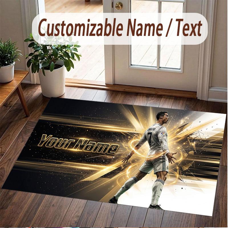 Custom Rug Cristiano Ronaldo Pattern Print Name Text Soft Non‑Slip Floor Carpet for Home Indoor Decoration