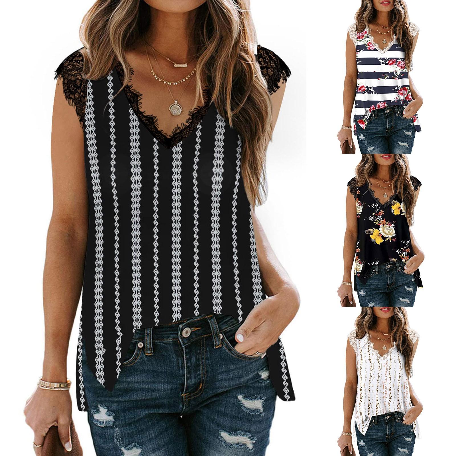 

Women s Casual V-Neck Lace Sleeveless Fashion Print T-Shirt Side Slit Top