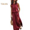 Women Summer Dress Pleated Round Neck Sleeveless Solid Color Loose Slit Hem Maxi Dress Daily Date Party Wear Long Dress