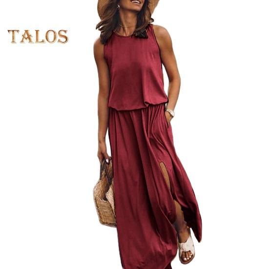 Women Summer Dress Pleated Round Neck Sleeveless Solid Color Loose Slit Hem Maxi Dress Daily Date Party Wear Long Dress