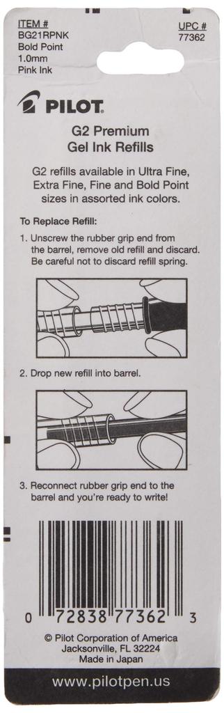 Pilot G2 Rolling Ballpoint Pen Gel Ink 2 Pack Bold Refill, (1.0mm)