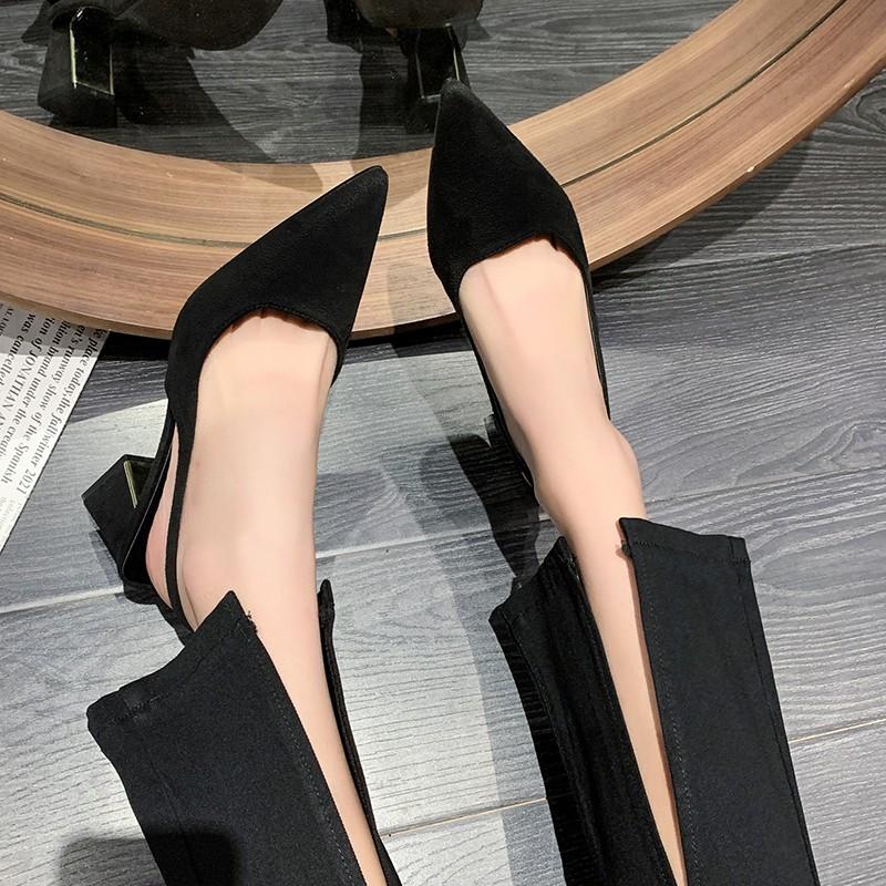 Fashion 2024Women's High Heels New Solid Color Sexy Slingback Versatile High Heels Summer Square Heel Party Suede Bun Toe High Heels