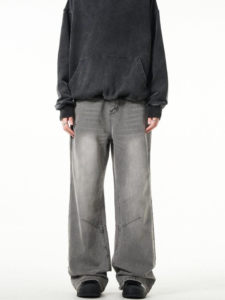 Spring new retro deconstruction gray washed micro-pull jeans men's and women's American gray loose large-size pants