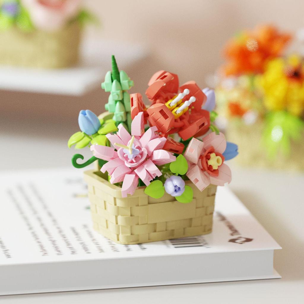 Bright Flower Basket: Preserved Flower & Succulent Building Block Set for Desktop Decor & Birthday Gifts