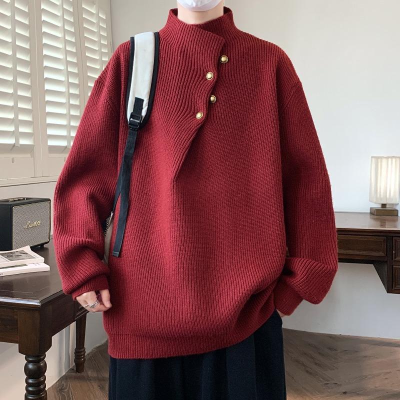 Pullover Autumn and Winter Solid Color Irregular Button Half Turtleneck Sweater Men's Korean Knitted Top