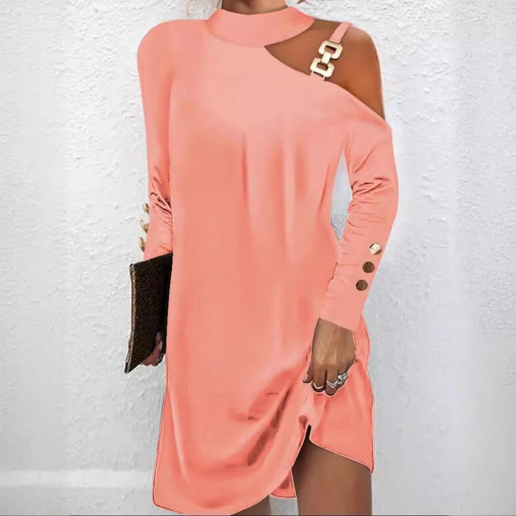 Women's One Shoulder Chain Detail Long Sleeve Dress