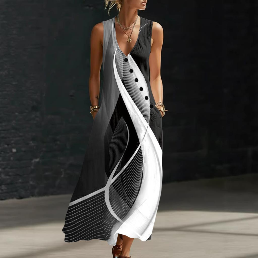 Sommerkleider für Damen, fließendes, lässiges Midikleid, Strandkleid mit Taschen