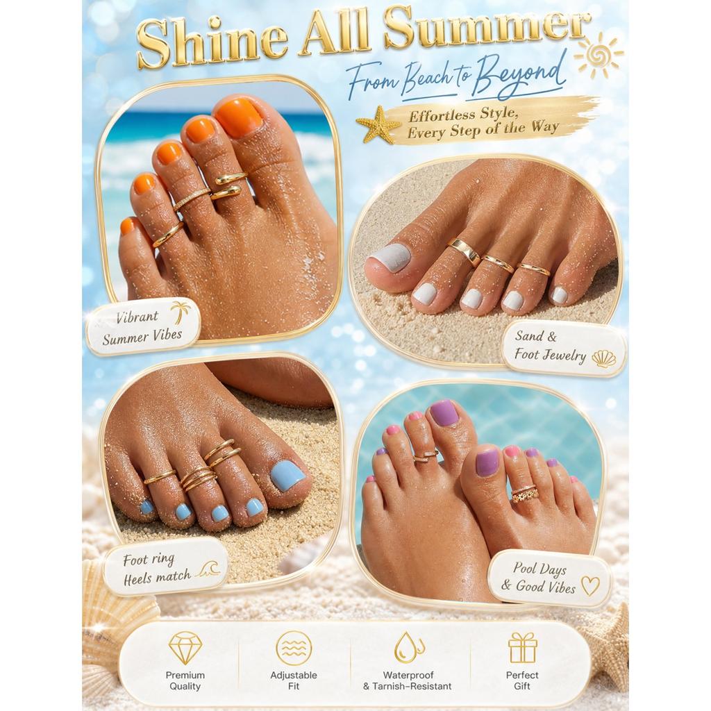 Toe Rings for Women Non Tarnish 14K Gold Filled Adjustable Toe Ring Set Daisy CZ Plain Hug Triple Open Band Ring Summer Beach Foot Jewelry for Women