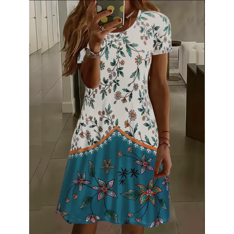 2025 New Women's Printed Casual Short Sleeve Crew Neck Pendulum Dress Women's Clothing