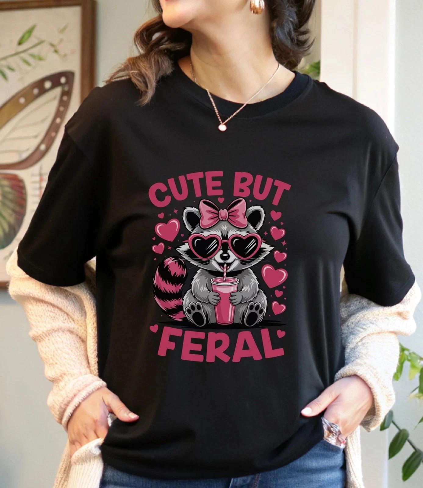 Cute But Feral Raccoon T-Shirt, Funny Raccoon Tee, Sassy Animal Shirt, XL