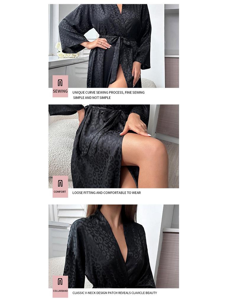 Women's Black Mid-Length Pajamas Cardigan, French Bathrobe, Long Sleeve Nightgown for Spring & Summer