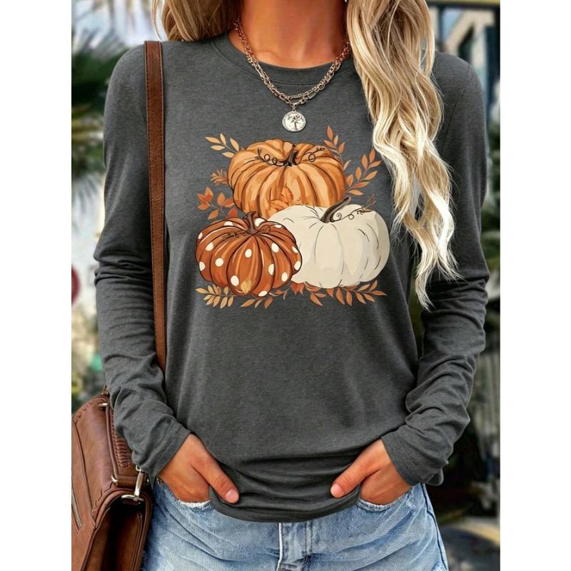 Women's Autumn Winter Pumpkin Print Long‑Sleeve Top, Elegant Crew Neck Loose‑Fit Long Sleeve, Street Style For Halloween & Daily Outings