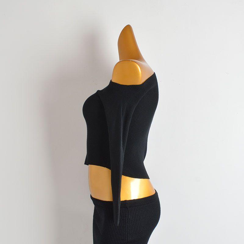 & Fall New Arrival Pure Color One-Shoulder Cold-Shoulder Long Sleeves Bottoming Shirt Women's Clothing Silm Slimming and Short Pullover Knitwear Tops