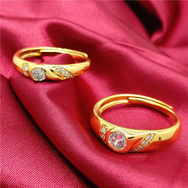 Vietnamese Sand-Gold Gilded Brass Heart-Shaped Couple Ring Set with Diamonds - Qixi Valentine's Gift
