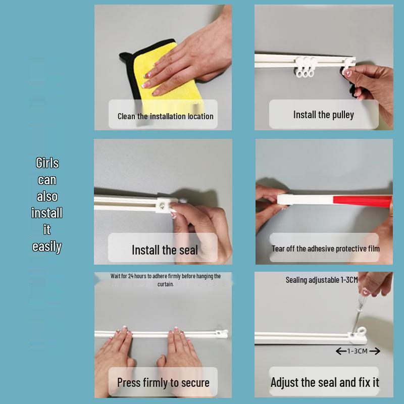 Samolepicí tichá posuvná kolejnice na závěsy bez vrtání s vodicí lištou a kladkou