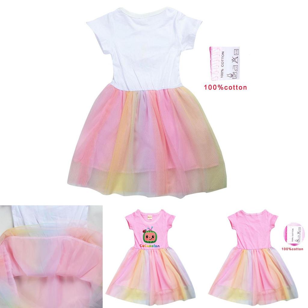 Cocomelon Kinder Mädchen Prinzessinnenkleid Mit Kurzem Ärmel Cartoon Anime Druck Und Atmungsaktivem Netzstoff