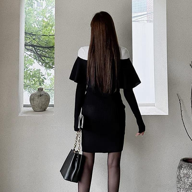 Rochie elegantă șic elegantă, solidă, cu decolteu în formă de O, cu mânecă lungă, cu volan, rochie mulata, la modă sexy, rochie subțire elastică, cu șold