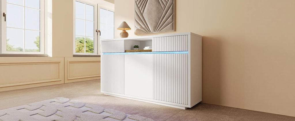 Sideboard White with LED 140x40x85 Cm, Chest of Drawers with 2 Drawers and 3 Doors, with Adjustable Shelves, Modern Living Room, Hallway, Kitchen