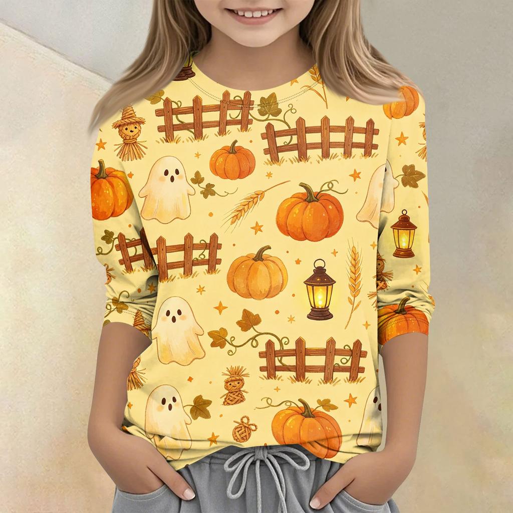 Kids Halloween Print Crew Neck Three Quarter Sleeve Casual T Shirt Top for Boys and Girls Soft Comfortable Fabric Suitable for Everyday Wear
