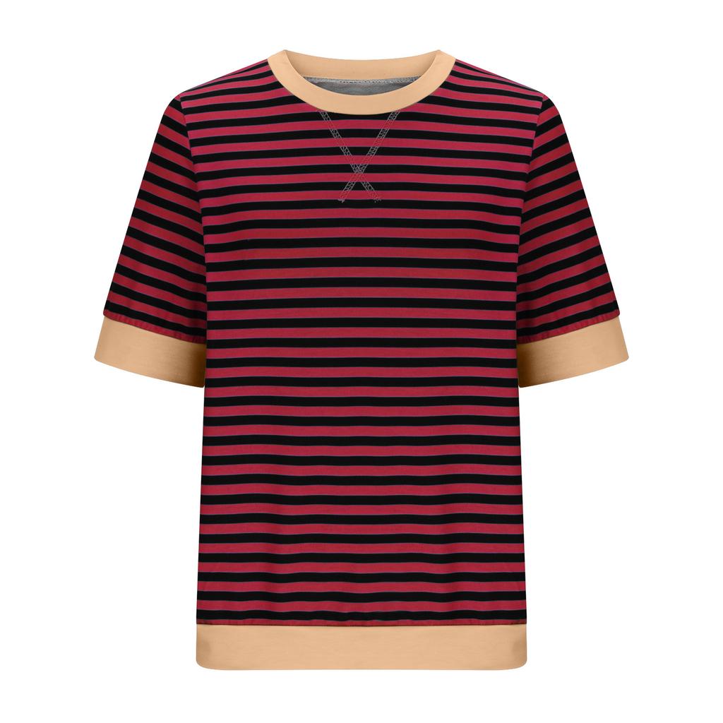 Tricou de vară pentru femei cu mânecă scurtă și gât rotund, cu imprimeu cu dungi