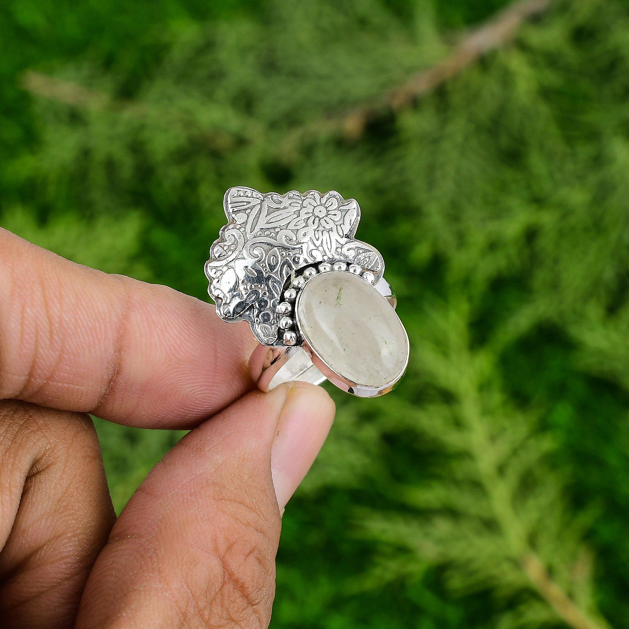 

Серебро 925 пробы Овальный Камень Лунный камень Июнь Этническое Кольцо-Солитер с Безелем Adjustable