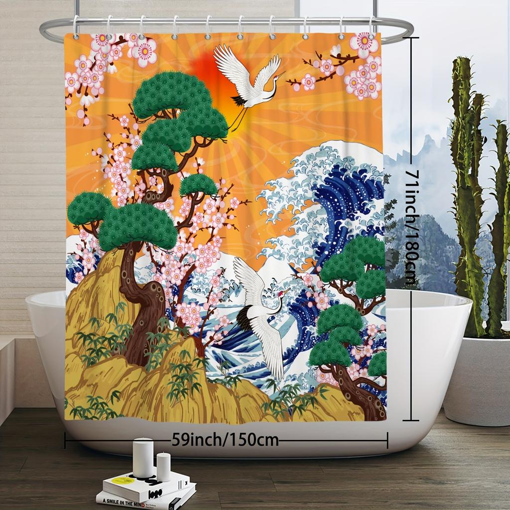 Shower Curtain: Traditional Japanese Scene With Cranes, Cherry Blossoms, And Ocean Waves For An Oriental And Harmonious Bathroom