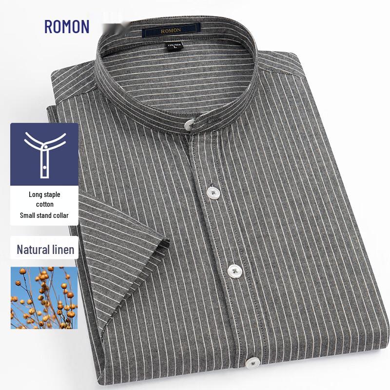 Men s Stand Collar Striped Cotton Linen Short Sleeve Shirt 5XL